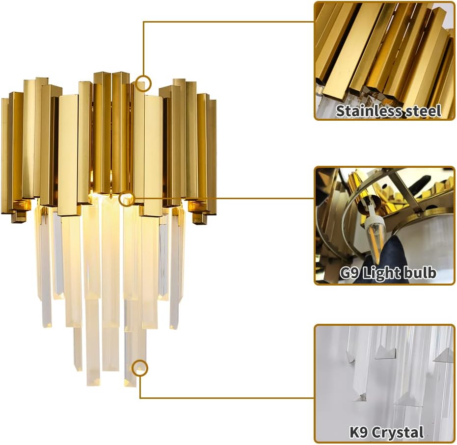 WABON Crystal Wall Sconce, Gold Sconces Light, Crystal Vanity Wall Mount Lamps for Living Room Bedroom Bathroom Hallway, Antique Gold