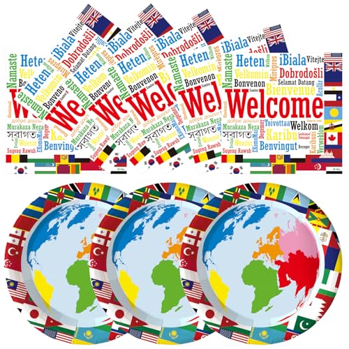 50pcs World Cup 2026 Paper Plates and Napkins Party Decorations, 7inch International World Flags Dessert Plates Welcome Napkins Around the Worlds Globe Tableware Set Party Supplies