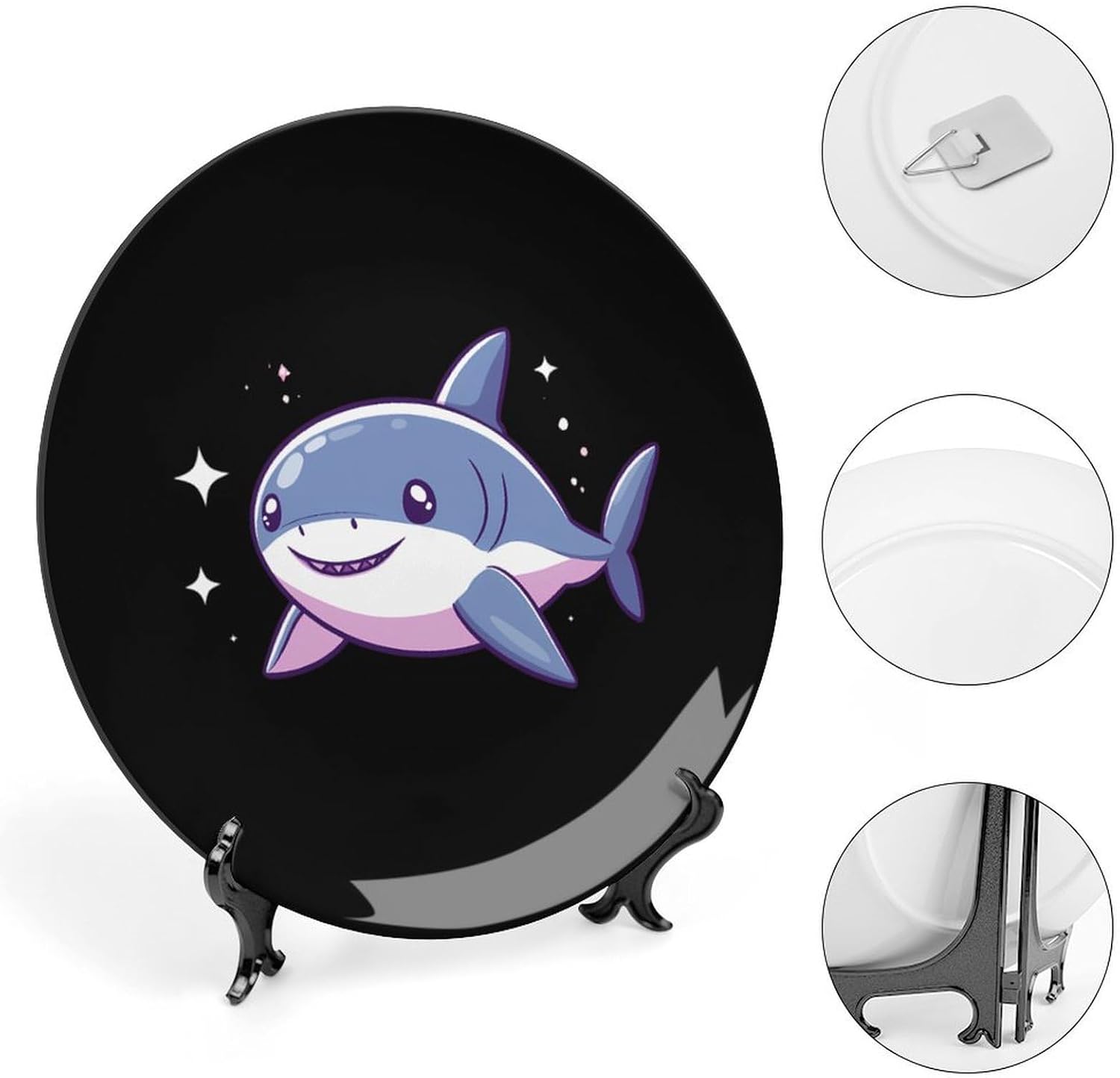 Cute Shark Print Bone China Decorative Plate with Stand Home Dessert Plates Gift for Men Women 6inch