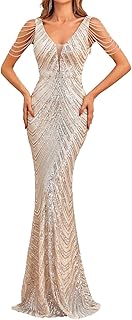 Mermaid/Trumpet Evening Dress Sparkle & Shine V Neck Sweep/Brush Train Wedding Guest Dress with Glitter 2024