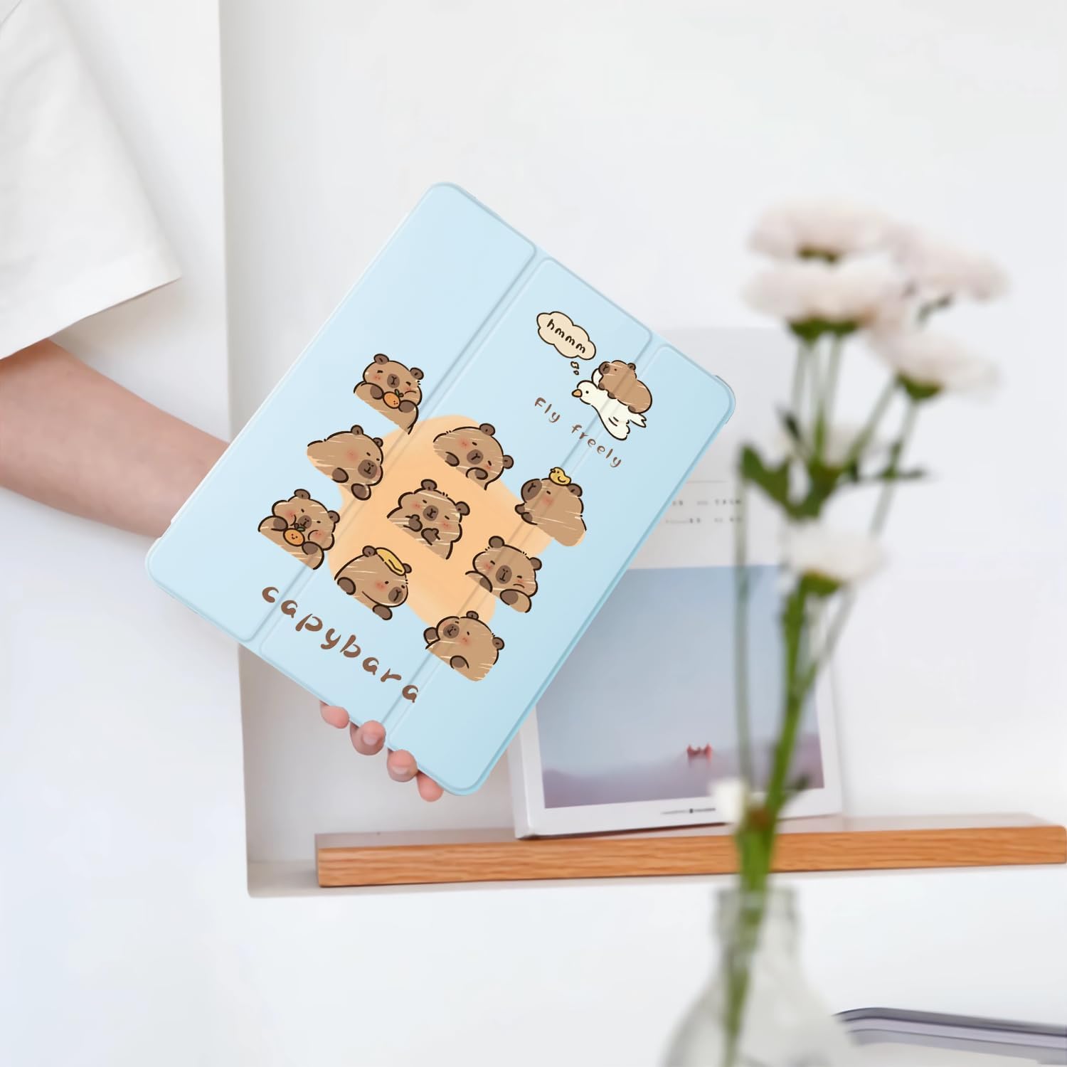 Cute Kawaii Capybara for iPad 7th/8th/9th Generation Case with Pencil Holder, Auto Sleep/Wake, Blue Leather Soft TPU Back Cover for iPad 10.2 Inch 2019/2020/2021