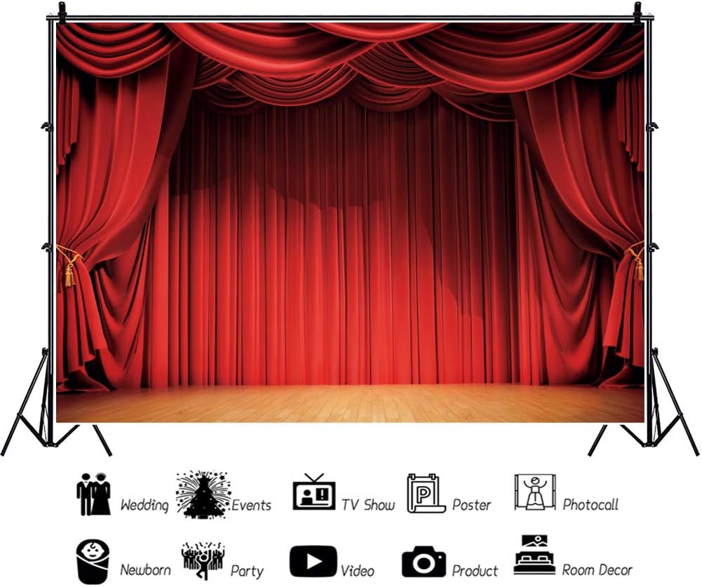 Haoyiyi 10x6.5ft Red Curtain Backdrop Red Theater Stage Wooden Floor Music Theater Photography Background Stage Magic Show Wedding Birthday Party Decoration Baby Adults Portraits Photo Studio Props