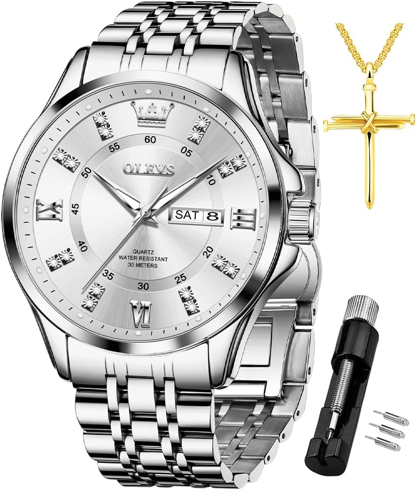OLEVS Diamond Watches for Men,Business Dress Watch Waterproof Luminous,Male Golden Big Dial Luxury Casual Quartz Analog Watches with Day Date Calendar and Stainless Steel Band