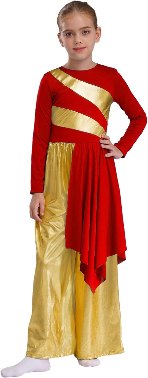 Agoky Kids Girls Metallic Praise Dance Outfit with Wide Leg Pants Lyrical Dance Dress Church Robe Worship Dancewear