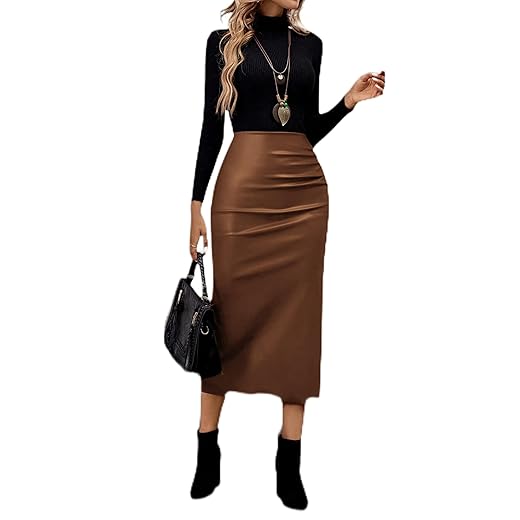 Saia midi feminina de couro sintético, saia lápis colado ao corpo franzida, cintura alta, casual, para escritório, festa, comprimento médio