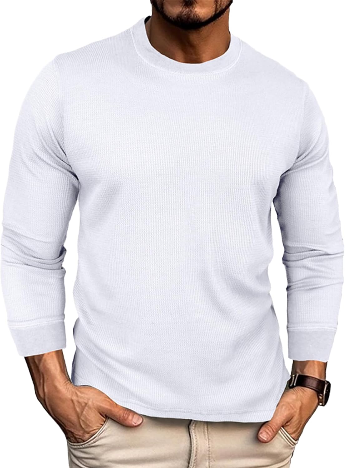 Men’s Long Sleeve T-Shirts Waffle Crewneck Casual Pullover Shirt Lightweight Base Tops Undershirts Tee