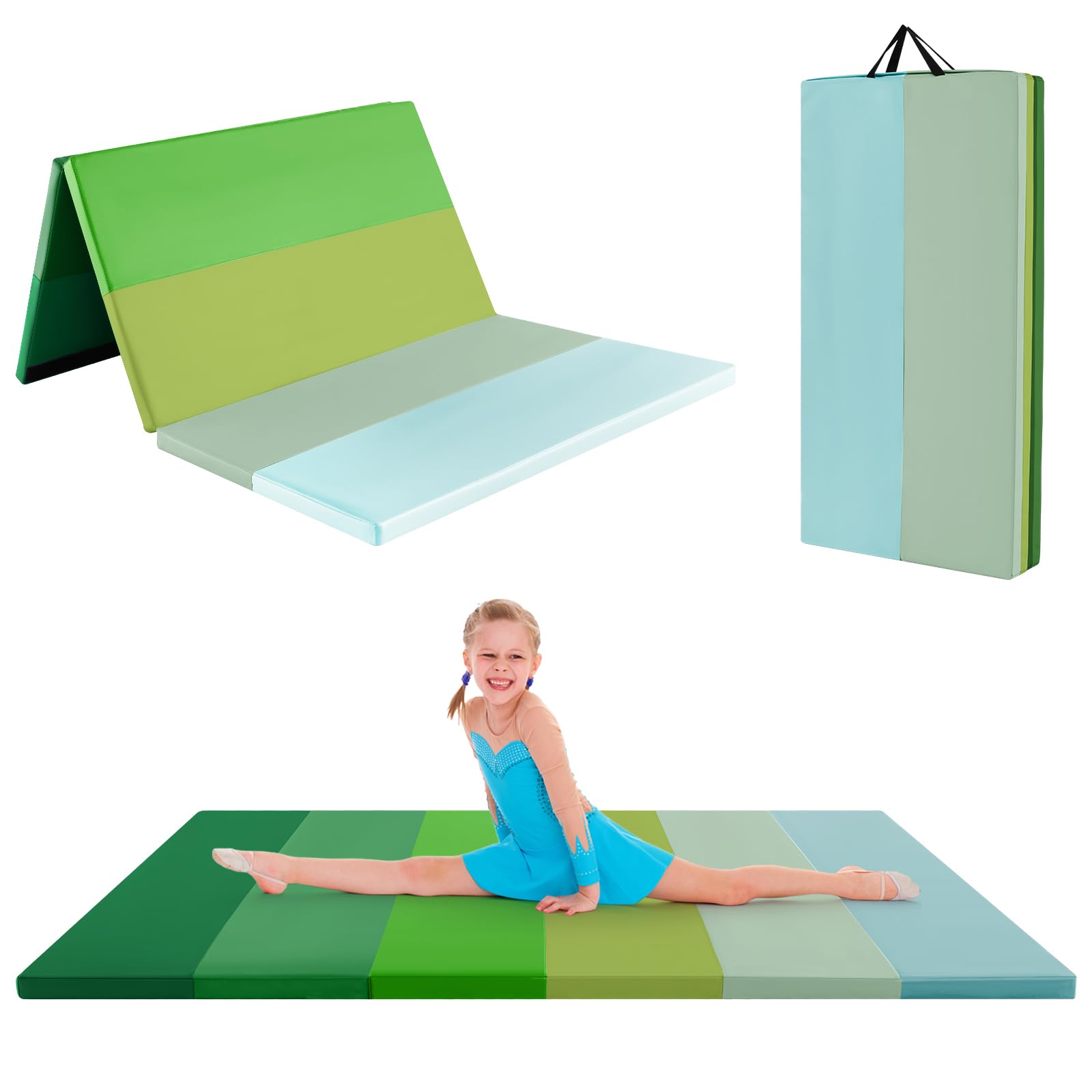COSTWAY 6FT Premium Gymnastics Mat, Tri-Fold Tumbling Mat with Carry Handle and High Density 4cm Thick Foam, Lightweight PU Leather Exercise Mats for Home Gym Workouts (Green)