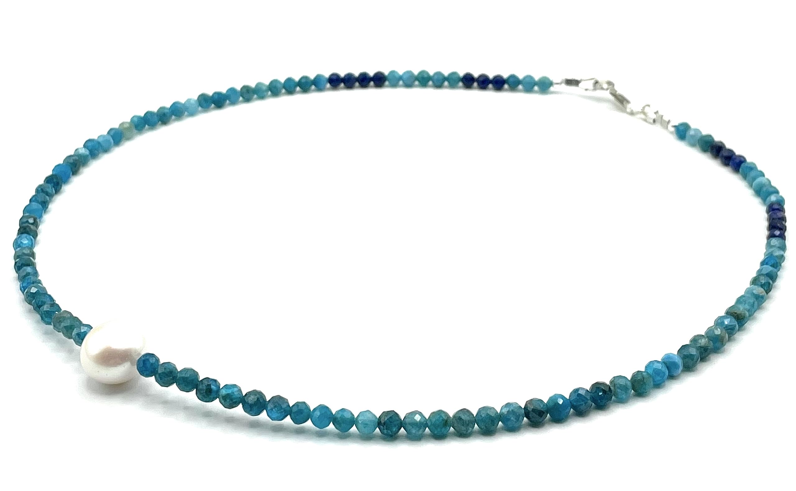 Collana con Apatite Blu e Perla Bianca Naturale, Girocollo con Piccole Pietre, Argento 925, Gioielli Italiani, Bijoux Estate, Made in Italy