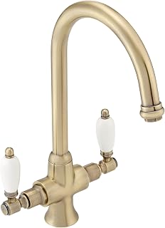 Dorchester, KT059, Antique Oil Rubbed Bronze Dual Flow Kitchen Sink Mixer Tap for Basin, Twin White Levers Swivel Spout Perfect for Double Bowl Sinks, Antique Brass Kitchen Tap, Ceramic Valve