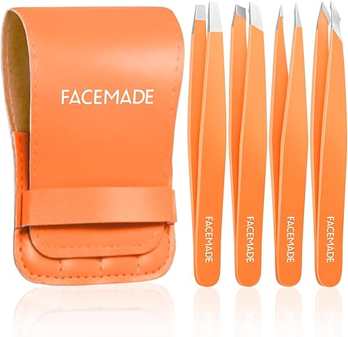 Juego de 4 pinzas, acero inoxidable profesional para hombres y mujeres, vello facial de precisión de cejas, barbilla, depilación encarnada (naranja)