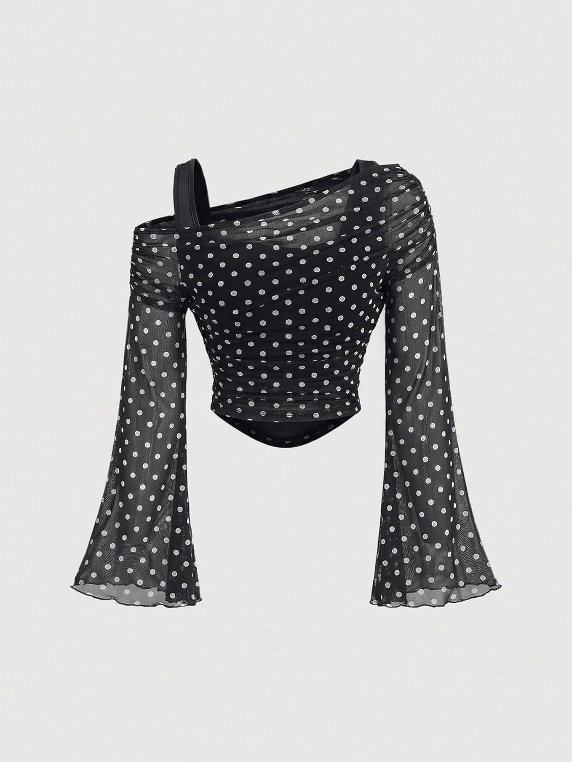 Women's Y2K Off The Shoulder Tops Long Bell Sleeve Mesh Shirt Ruched Crop Top Rave Clubwear - Image 3