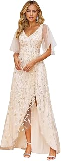 Mother of The Bride Dresses with Sparkly Sequin Tulle V Neck Flutter Sleeve Formal Evening Dress