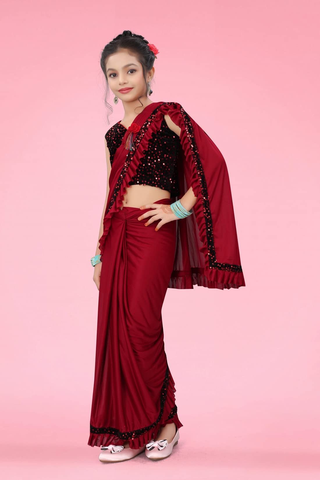 Dhyey fashion Girls Lycra Blend Ruffle Pattern Saree With Velvet Unstitched Blouse Piece - Image 3 thumbnail