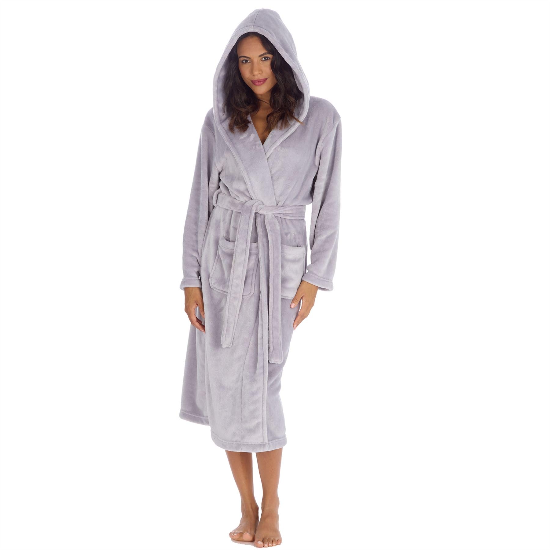 Evotex Women's Silver Longer Length Shimmer Fleece Hooded Robe Dressing Gown Grey Small