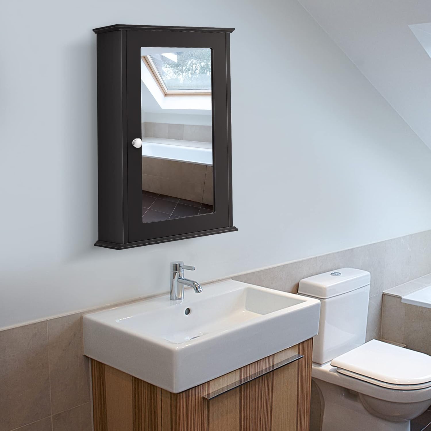 CYOIDAI Medicine Cabinets, Wall Mount Mirrored Storage Cabinet w/Single Mirrored Door & Adjustable Shelf, Multipurpose Wooden Organizer for Hallway Living Room Bed, 13.5" L x 6" W (Coffee)