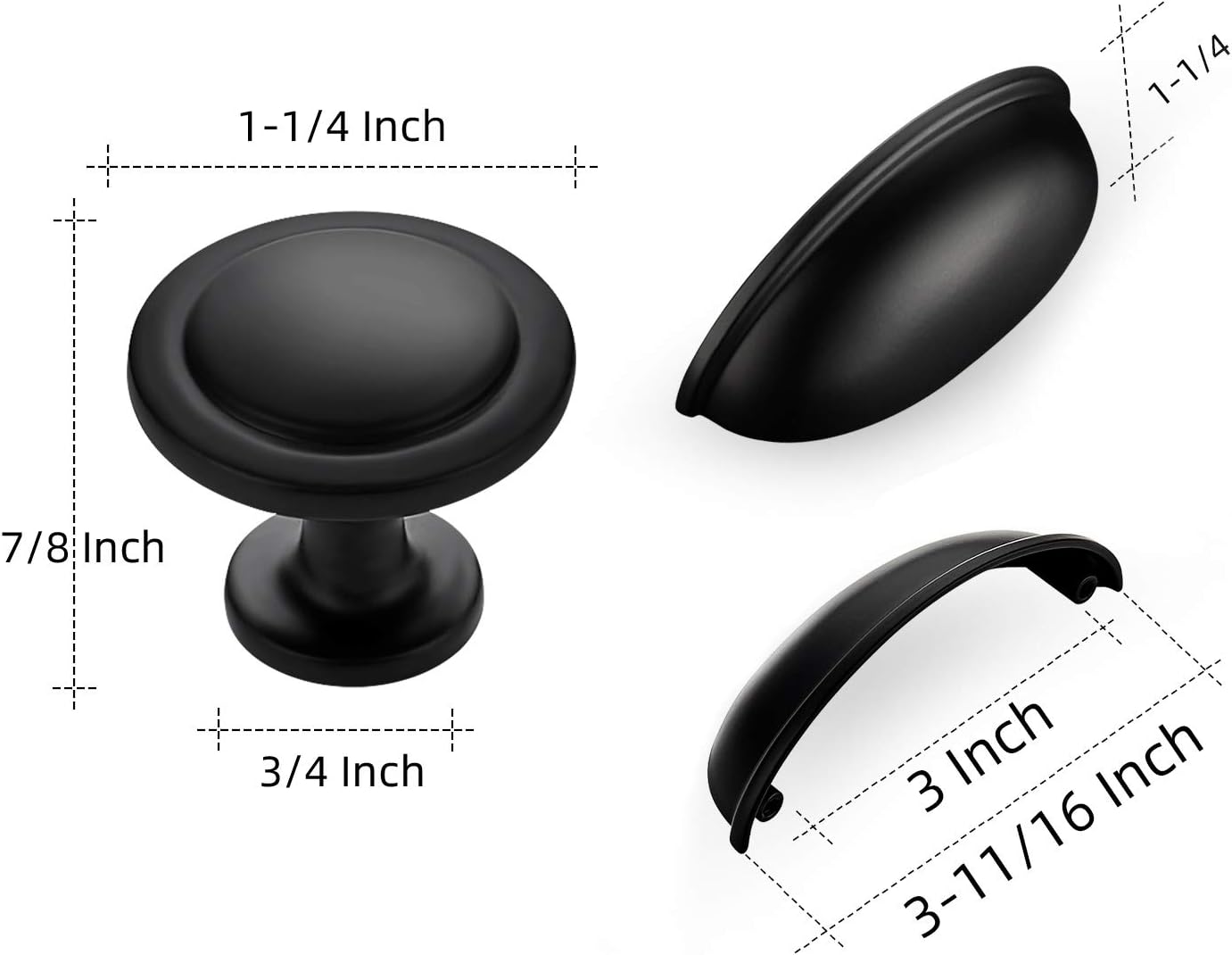 Ravinte 10 Pack 3" Drawer Pulls Flat Black Cabinet Cup Pulls & 15 Pack 1-1/4 inch Matte Black Kitchen Cabinet Knobs