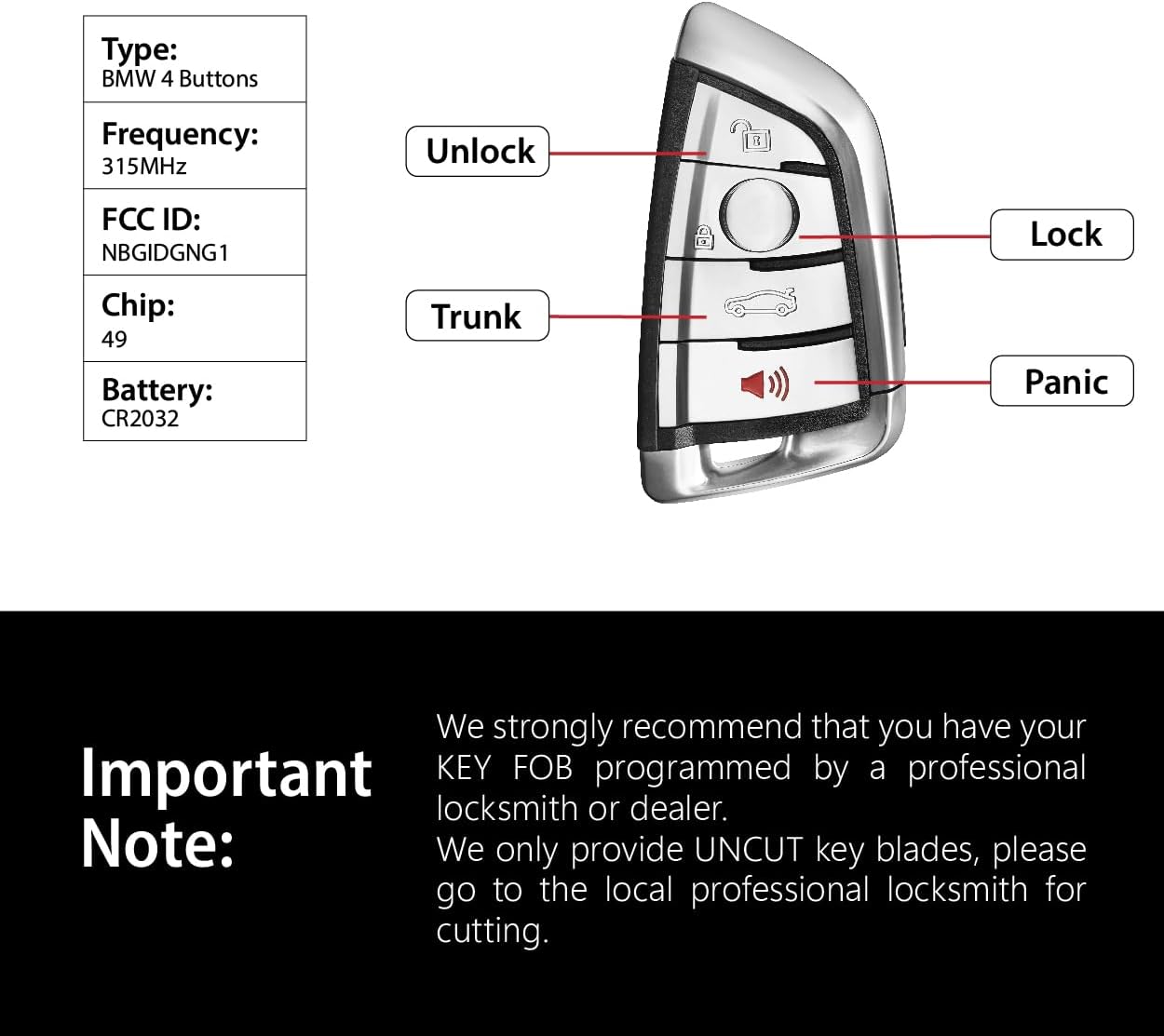 Replacement for 2014 2015 2016 2017 2018 2019 BMW X5 X6 Series 3 5 Key Fob Remote Control NBGIDGNG1 4 Buttons 315MHz