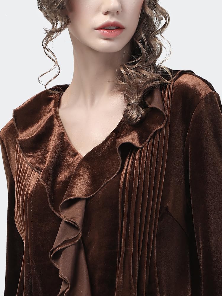 Blusa de Terciopelo con Volantes y Cuello en V de Estilo francés para Mujer, Camisas holgadas Marrones para Mujer, Camisas Elegantes para otoño e Invierno, Top Elegante (marrón M)