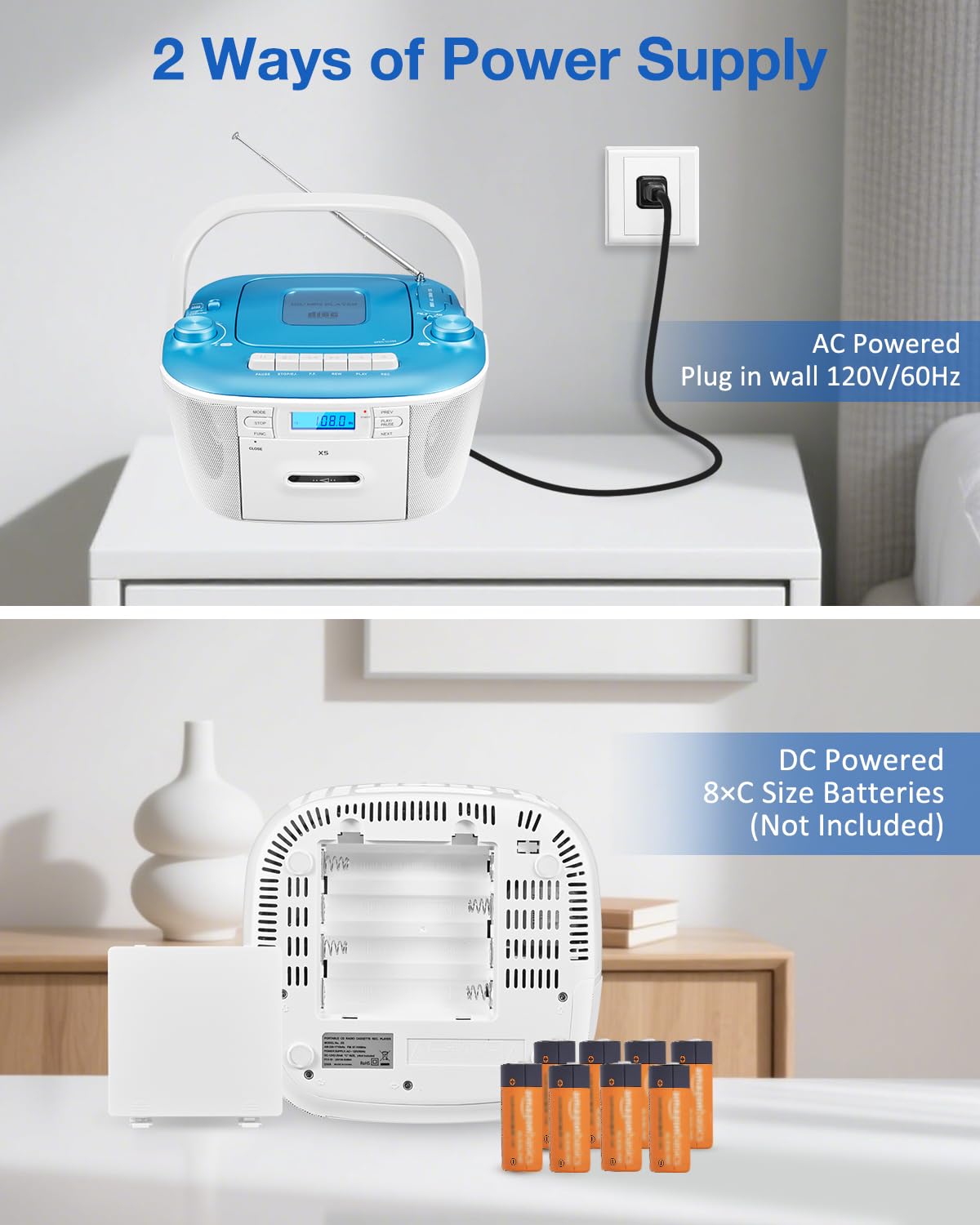 Gelielim Combo de reproductor de casete de CD, radio portátil AM/FM para el hogar, sonido estéreo, recración de cinta, unidad AUX/TF/USB, alimentación CA/CC, conector para auriculares, interior y