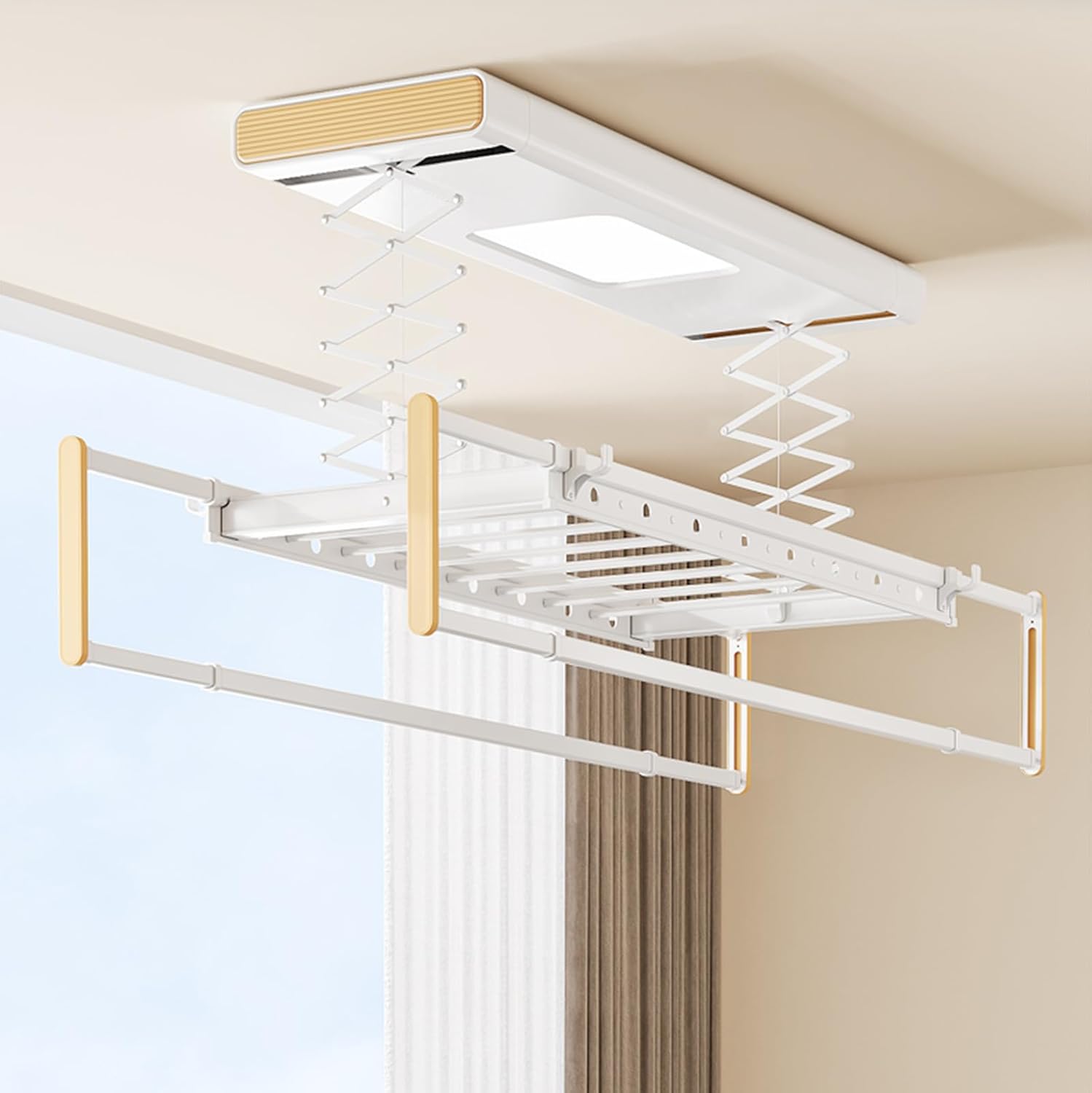 Adjustable Height & Length White Gold Ceiling Clothes Drying Rack - Space-Saving Electric Lift Wall-Mounted Clothesline for Efficient Air Drying & Organization