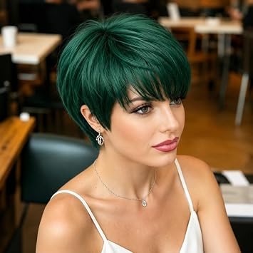 Synthetic Short Wigs for Black/White Women Natural Colored Hair Wigs for Women Short Hair Wigs with Bangs Green
