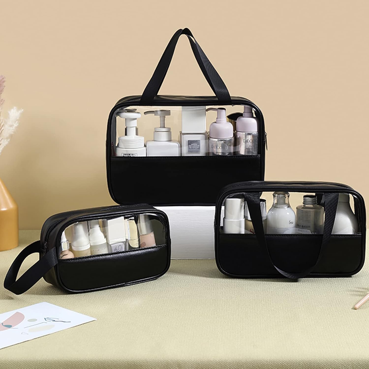 Mikytoper Clear Toiletry Bag 3 pcs, Waterproof Wash Bags Set in PVC, Large Capacity Makeup Bag with Handle - Image 4