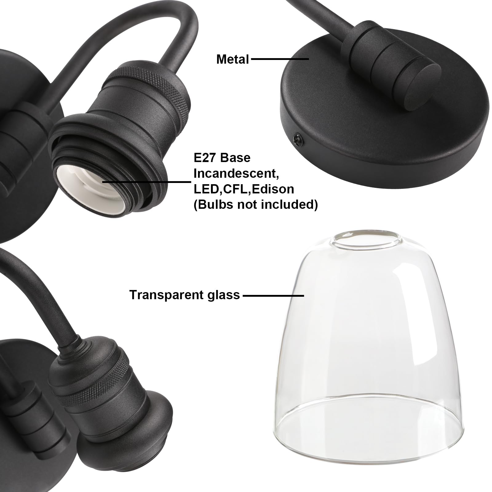 Yosoan Wandleuchte Vintage Metall Wandlampe Retro Innen Wandlampe mit klarem Glas Lampenschirm für Office Home Küche Wohnzimmer Schlafzimmer Loft Bar (Schwarz)