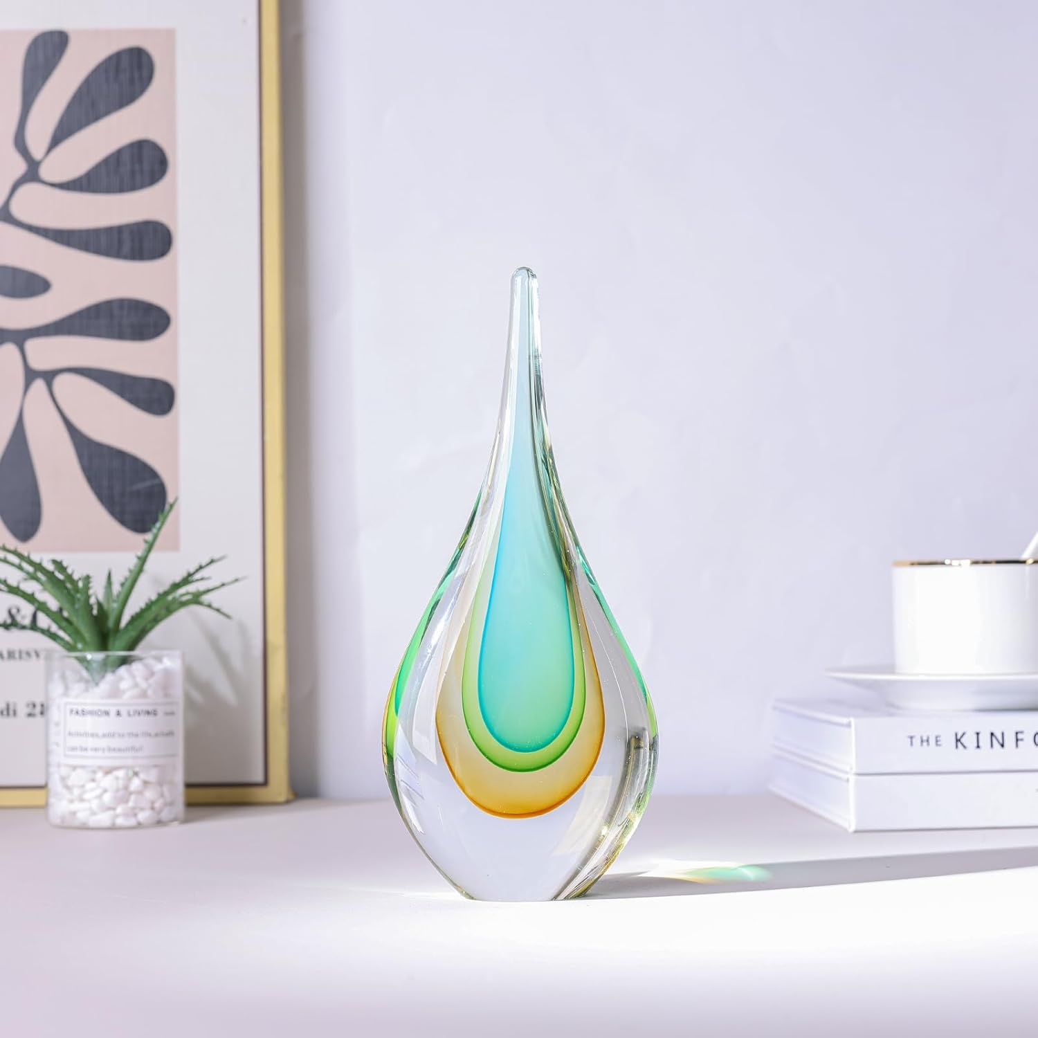 Hand Blown Glass Sculpture, Unique Mediterranean Style Decor, Glass Figurine with Crystal-Like Finish, Decorative Paperweights for Office Desk, Living Room, Bedroom, Cabinets (Yellow-Green) - Image 8