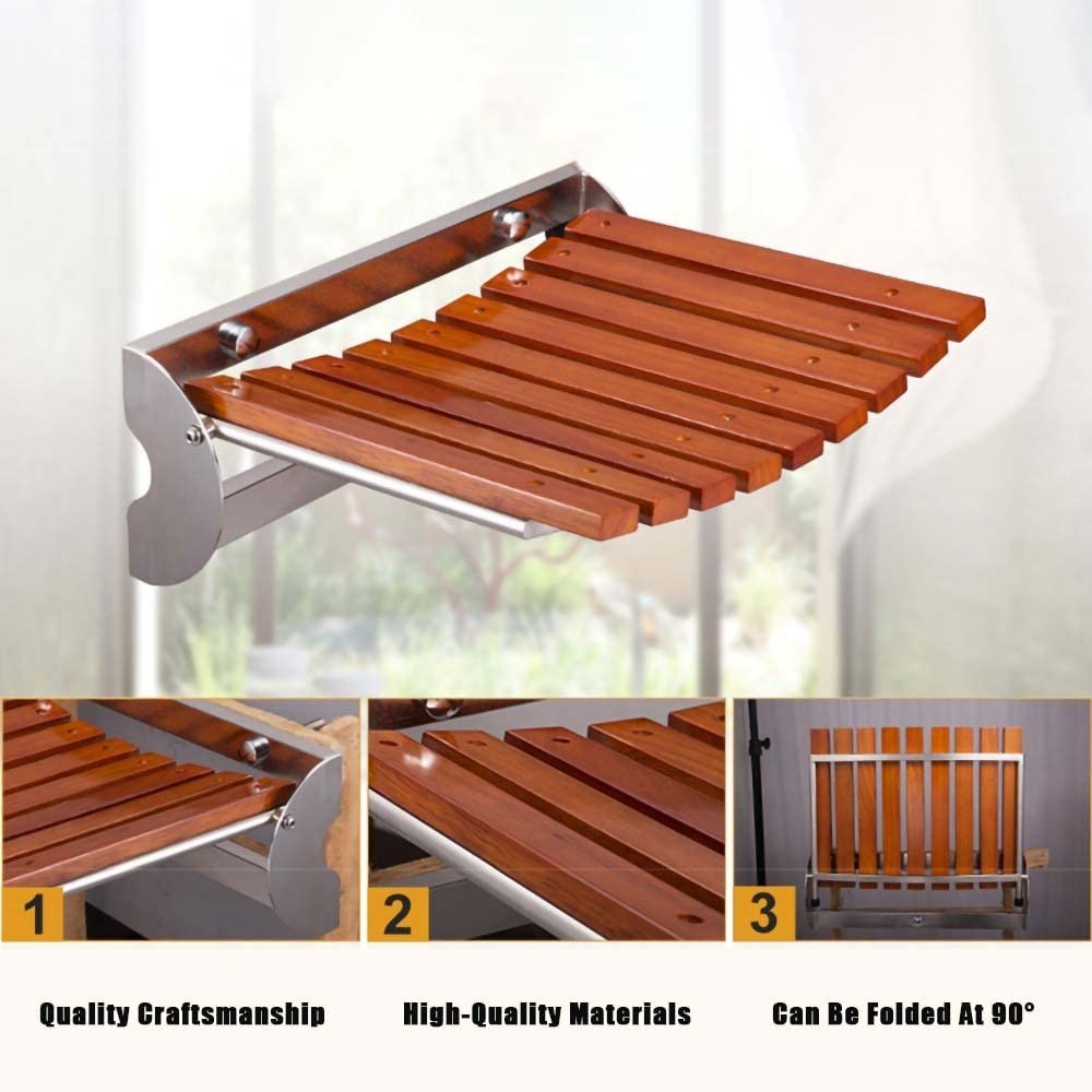 Wall Chair Taburete De Ducha De Pared, Asiento De Ducha Plegable De Madera Silla De Ducha, Base De Acero Inoxidable 304 Taburete De Asiento De Ducha Antideslizante for Personas Mayores Y Discapacitada