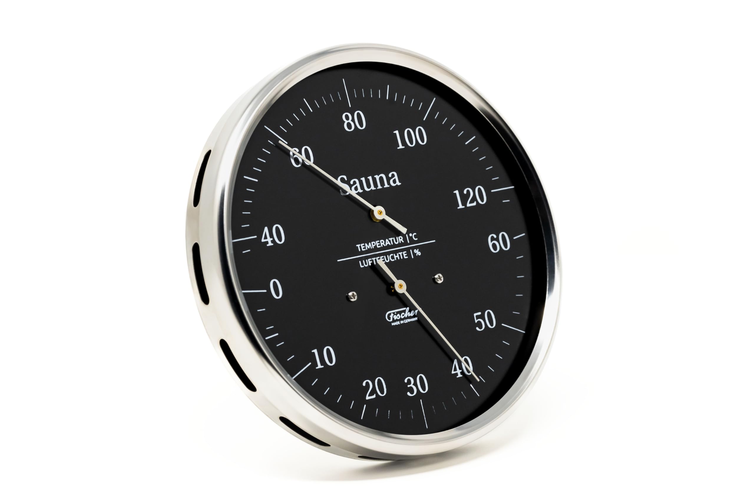 Fischer 194.01-06 Sauna-Thermohygrometer, Glas, Edelstahl, Thermohygrometer | Haar-Hygrometer und Bimetall-Thermometer , schwarzes Ziffernblatt, 130mm Durchmesser, Made in Germany