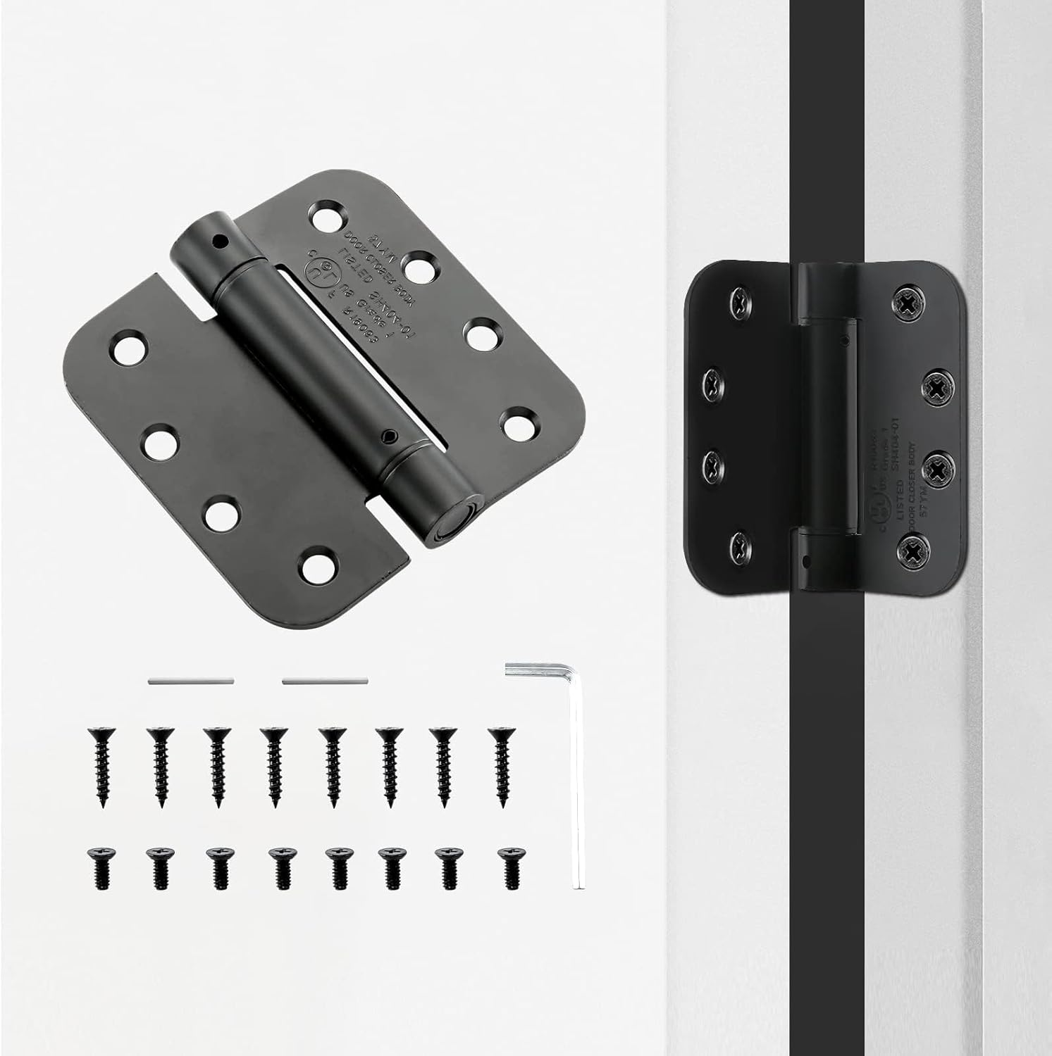HOME MASTER HARDWARE Self Closing Door Hinges, 4 inch Spring Loaded Hinges, Adjustable Tension for Interior Door, UL Listed with 5/8" Radius Corners, Matte Black Finish, 2 Pack