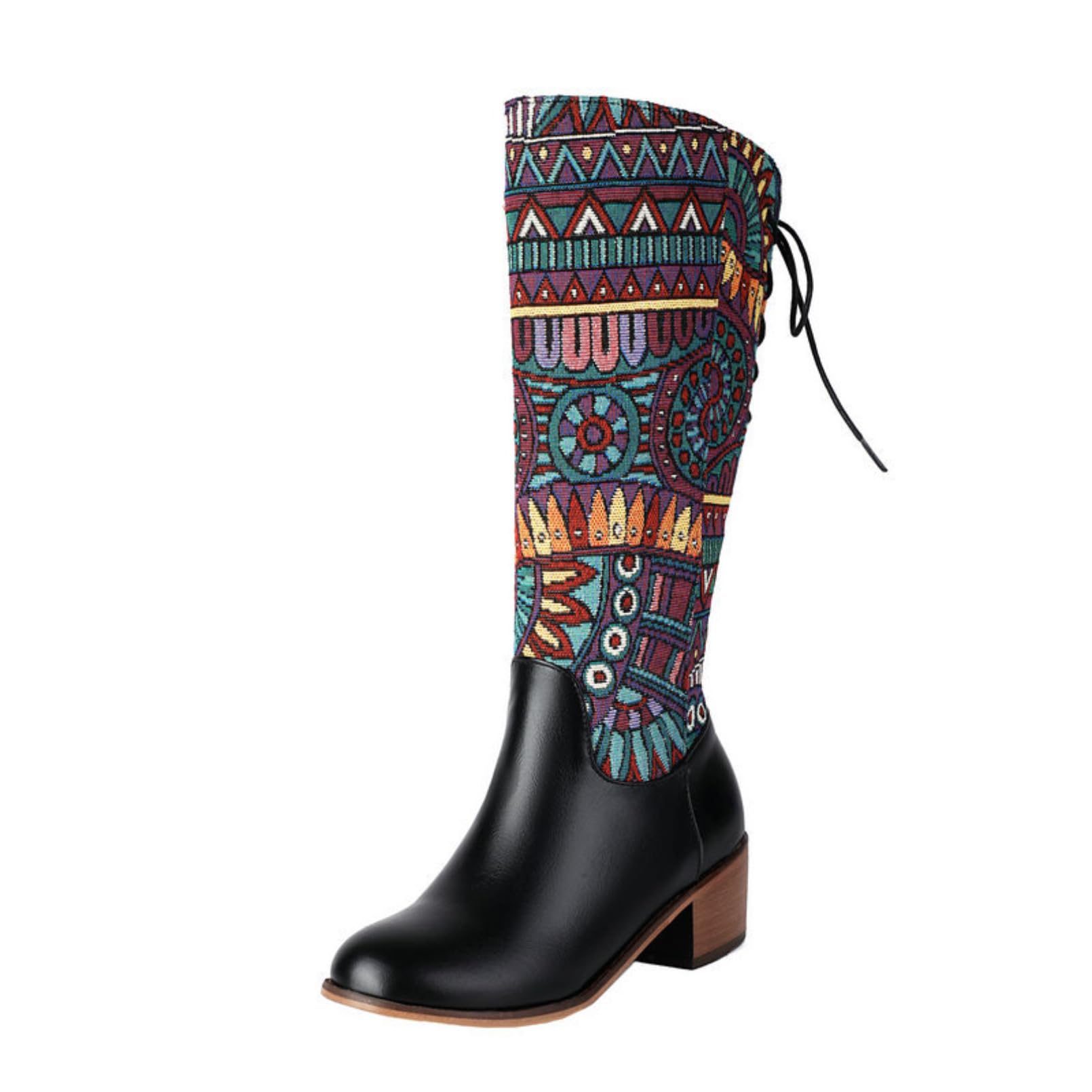 Mujer Botas Altas Punta Redonda Tacón Chunky Tela Estampada Botas Montar Costura Cuero Cremallera Lateral Botas Largas Pantorrilla Ancha Cordones Altas Splicing Planas