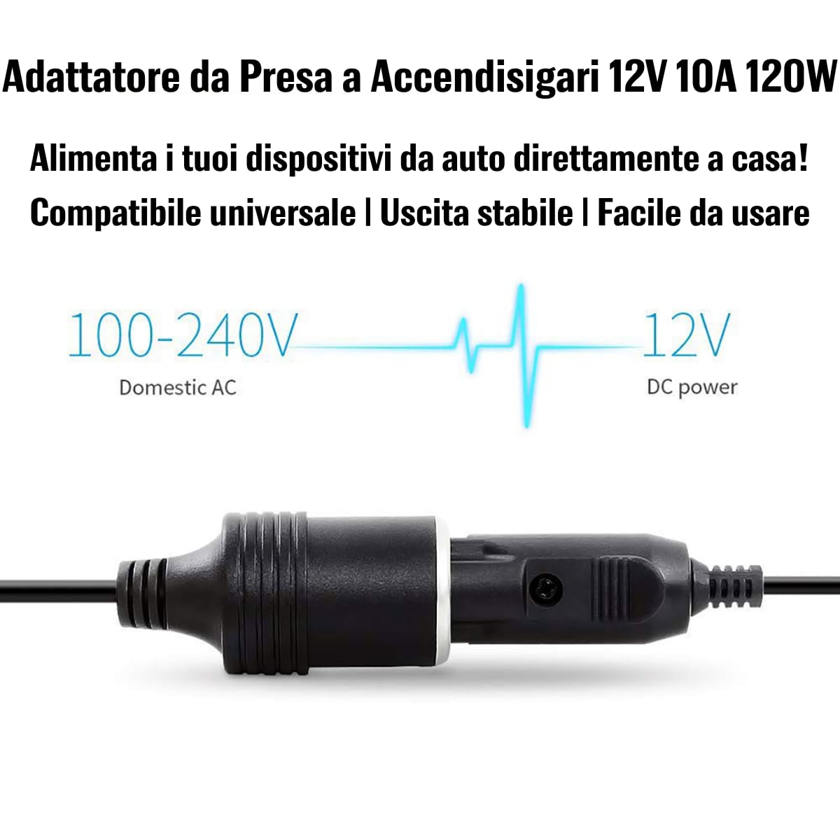 Alimentatore AC a DC Adattatore 100V - 240V a 12V Automobile Sigaretta Accendisigari Presa Corrente 12V/10A 120W Inverter di Potenza Trasformatore Convertitore per Compressore/Pompa Aria per Auto