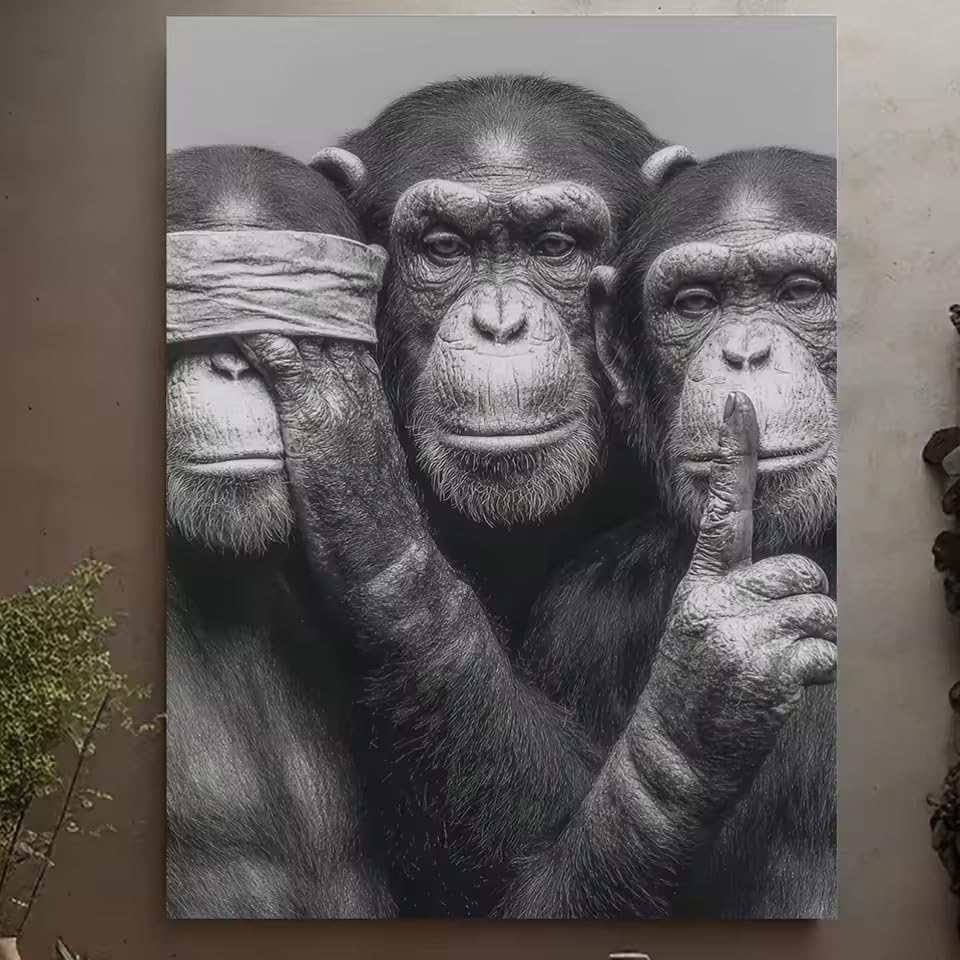 Toile Les trois singes de la sagesse monochrome moderne pour une ambiance zen