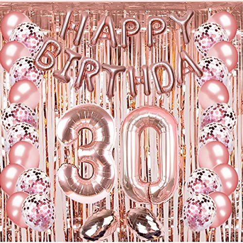 30th Birthday Party Decoration, Number 30 Birthday Balloons, Happy Birthday Banner, Rose Gold Latex Confetti Balloon, Rose Gold Rain Curtain, 30 Years Old Birthday Decoration Supplies for Boys Girls