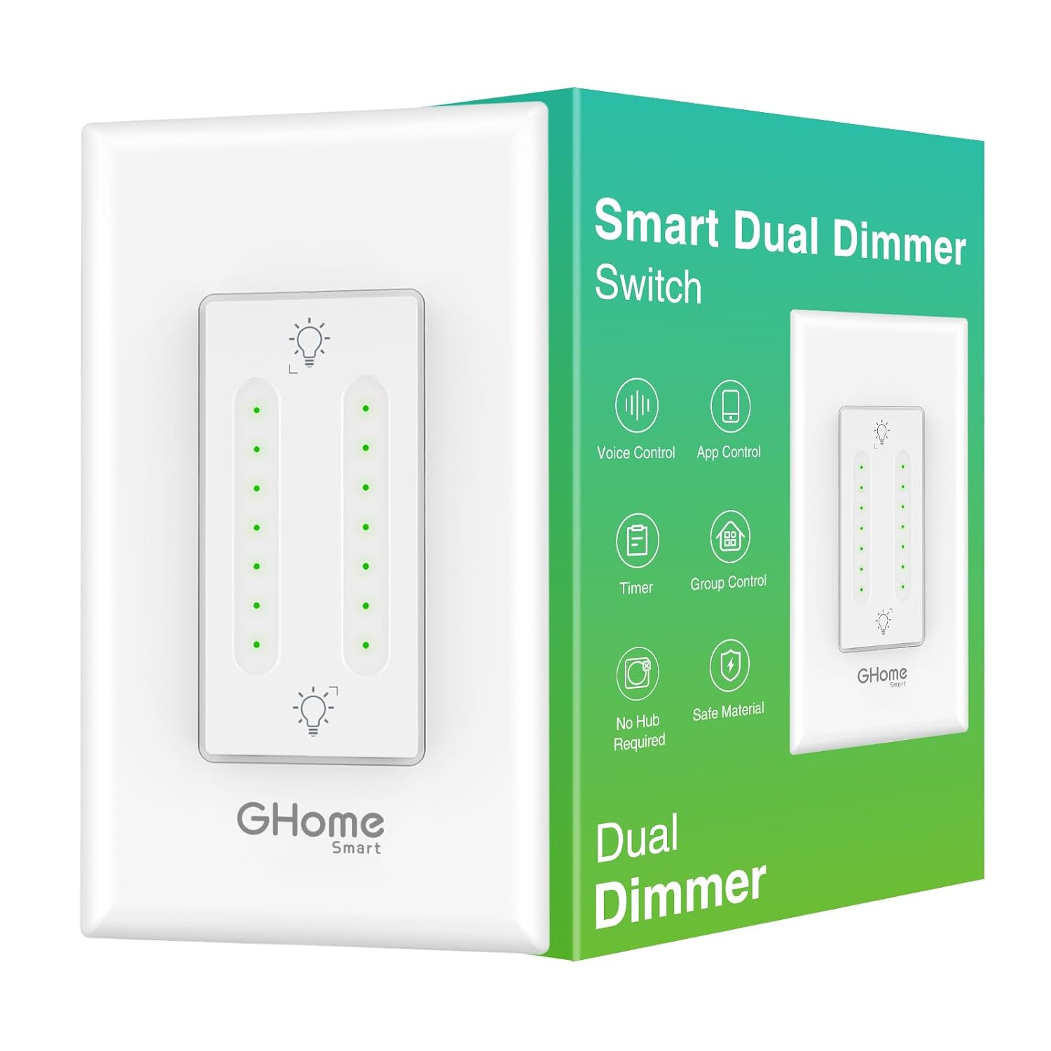 GHome Smart Dual Dimmer Switch, Space Saving, 2 in 1 Control , WiFi Smart Light Switch Compatible with Alexa and Google Home, Neutral Wire Required, Voice Control, Single-Pole(1 Pack) 1 Pack Dual Dimmer Switch