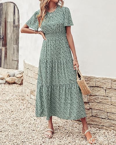 PRETTYGARDEN Women's Summer Casual Short Flutter Sleeve Round Neck Smocked Waist Tiered Boho Floral Flowy Maxi Dress(Leaves Green,Medium) — view 4