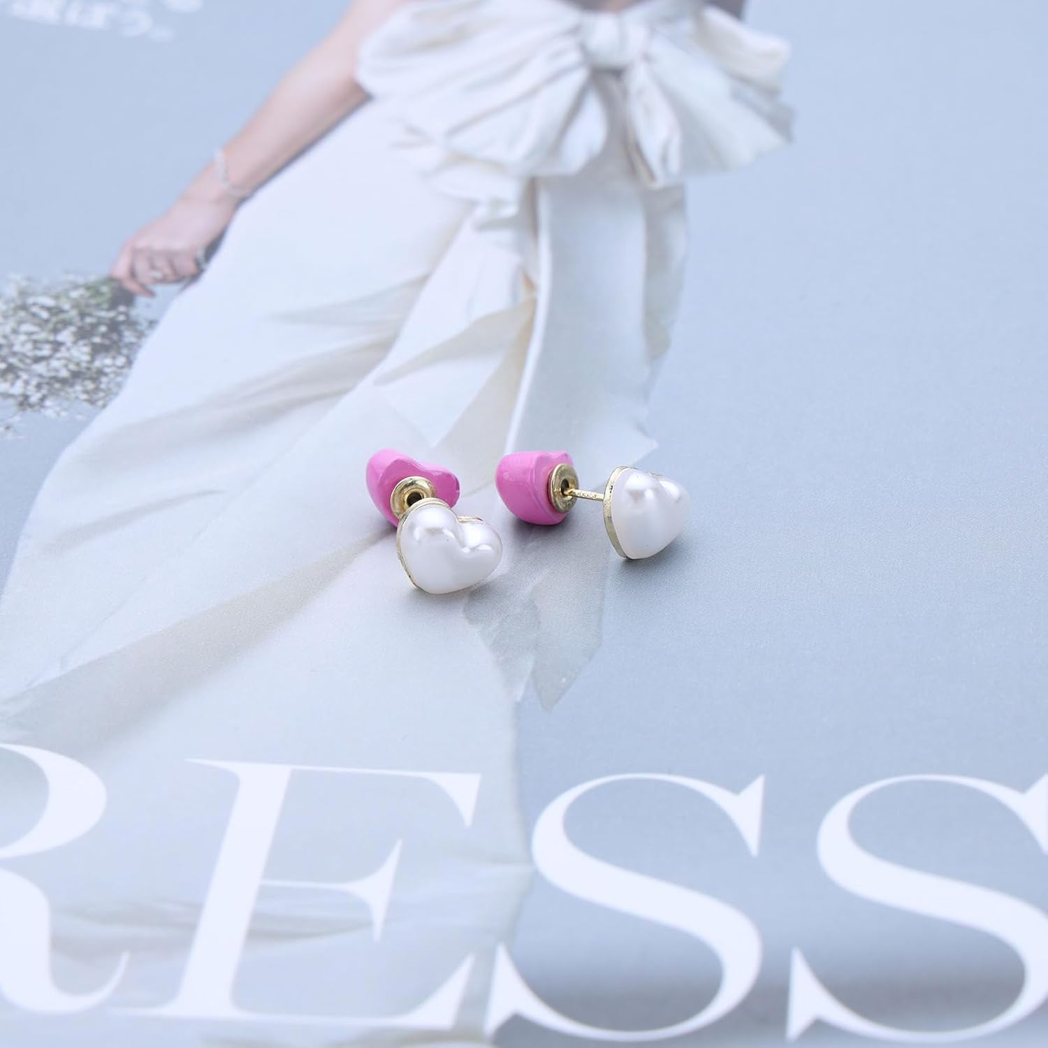 Boho Pearl Heart Stud Earrings Heart Ear Jacket Earrings Gold Love Heart Earrings Pink Heart Stud Earrings Double Side Heart Earrings Two Tone Earrings Jewelry for Women - Image 4