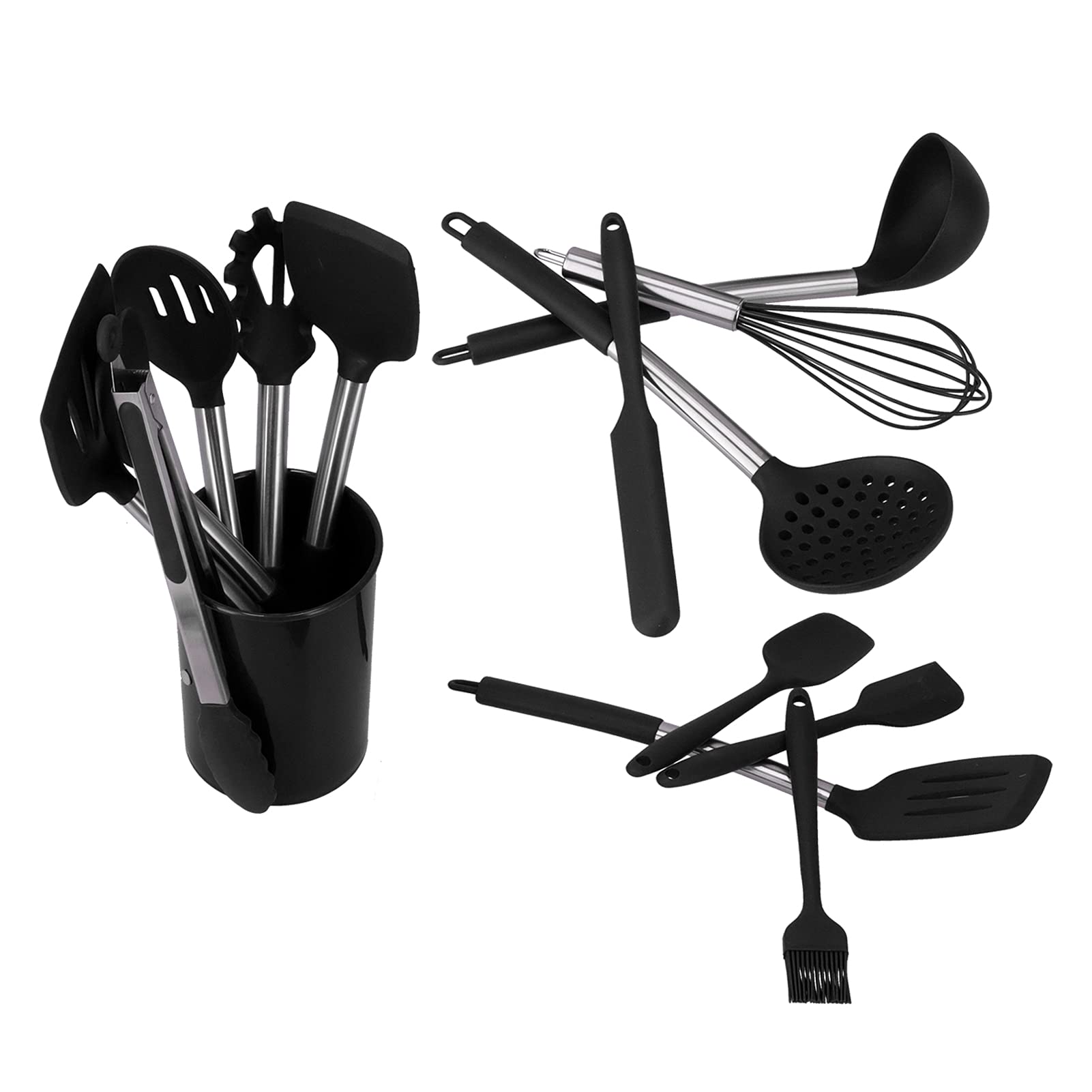 15-częściowy zestaw silikonowych przyborów kuchennych z uchwytami ze stali nierdzewnej |Nieprzywierające szpatułki kuchenne do garnków |Odporne na ciepło narzędzia kuchenne do (Black)