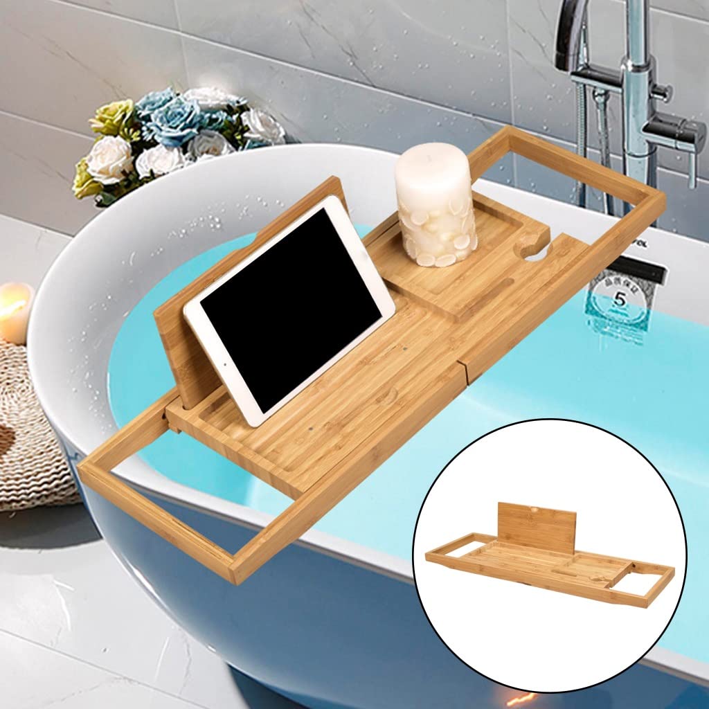 Bandeja extensible de madera para bañera con soporte para libros, accesorios de baño ideales para el hogar, hotel, spa, perfecto para relajación y disfrute