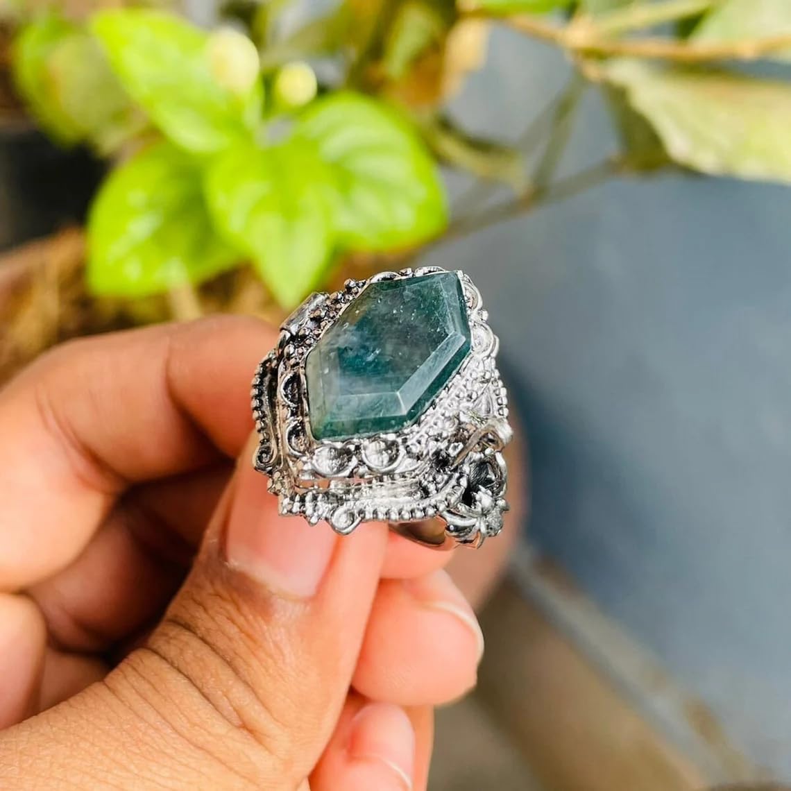 Vintage Boho Hippie Poison Ring with Natural Moss Agate & Secret Compartment - Black Oxidized Plated Fancy Design Snuff Ring