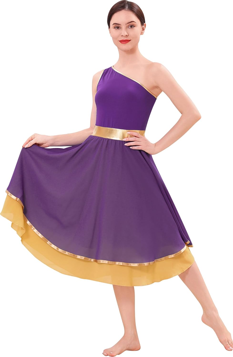 IDOPIP Metallic Color Block Praise Dance Overlay Dress for Women Asymmetrical One Shoulder Worship Tunic Liturgical Dancewear - Image 6