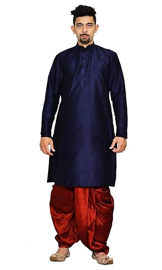 Banarasi Silk Men's Dhoti Kurta Set/Dhoti Kurta for men (46, Blue Kurta Red Dhoti)