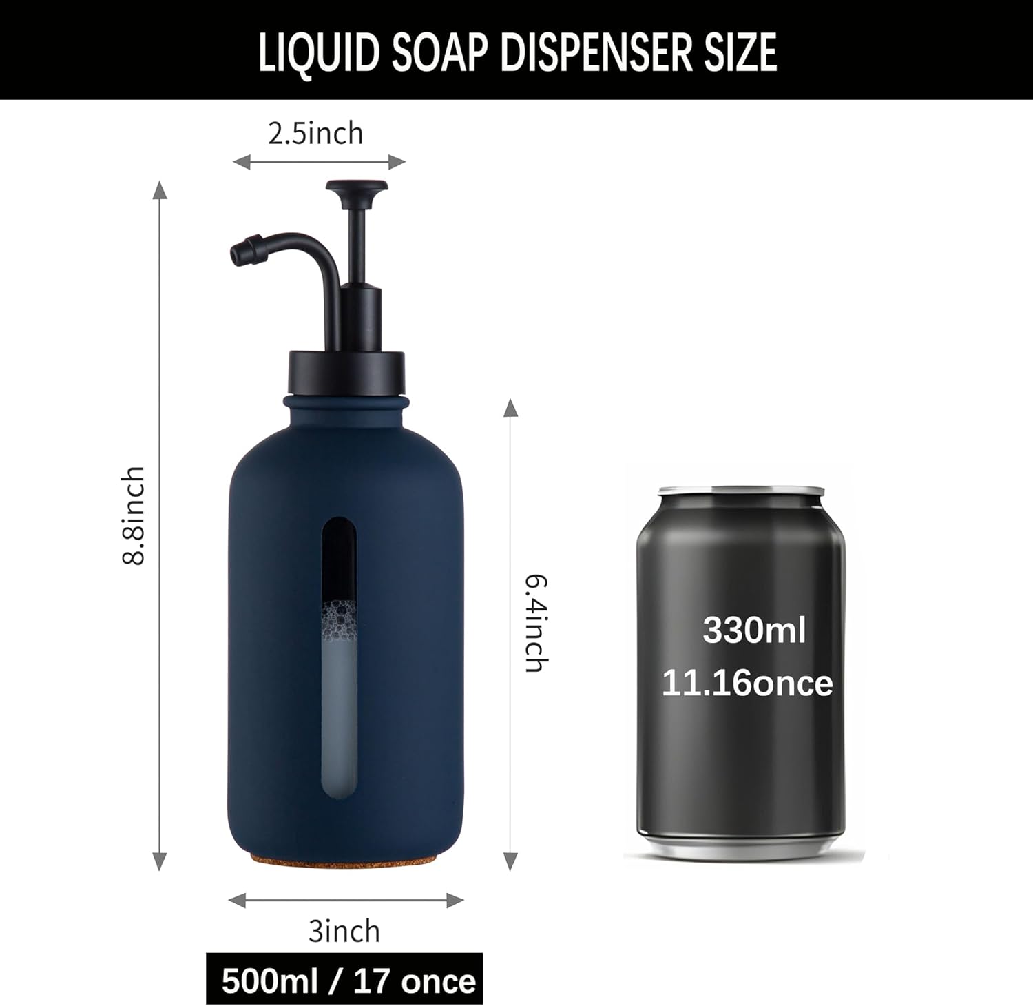 Enra Glass Soap Dispenser with Window,17oz Blue Hand Soap Dispenser Stainless Steel Hand Pump,Countertop Lotion Bottle for Bathroom Kitchen(Blue-Liquid - Image 5