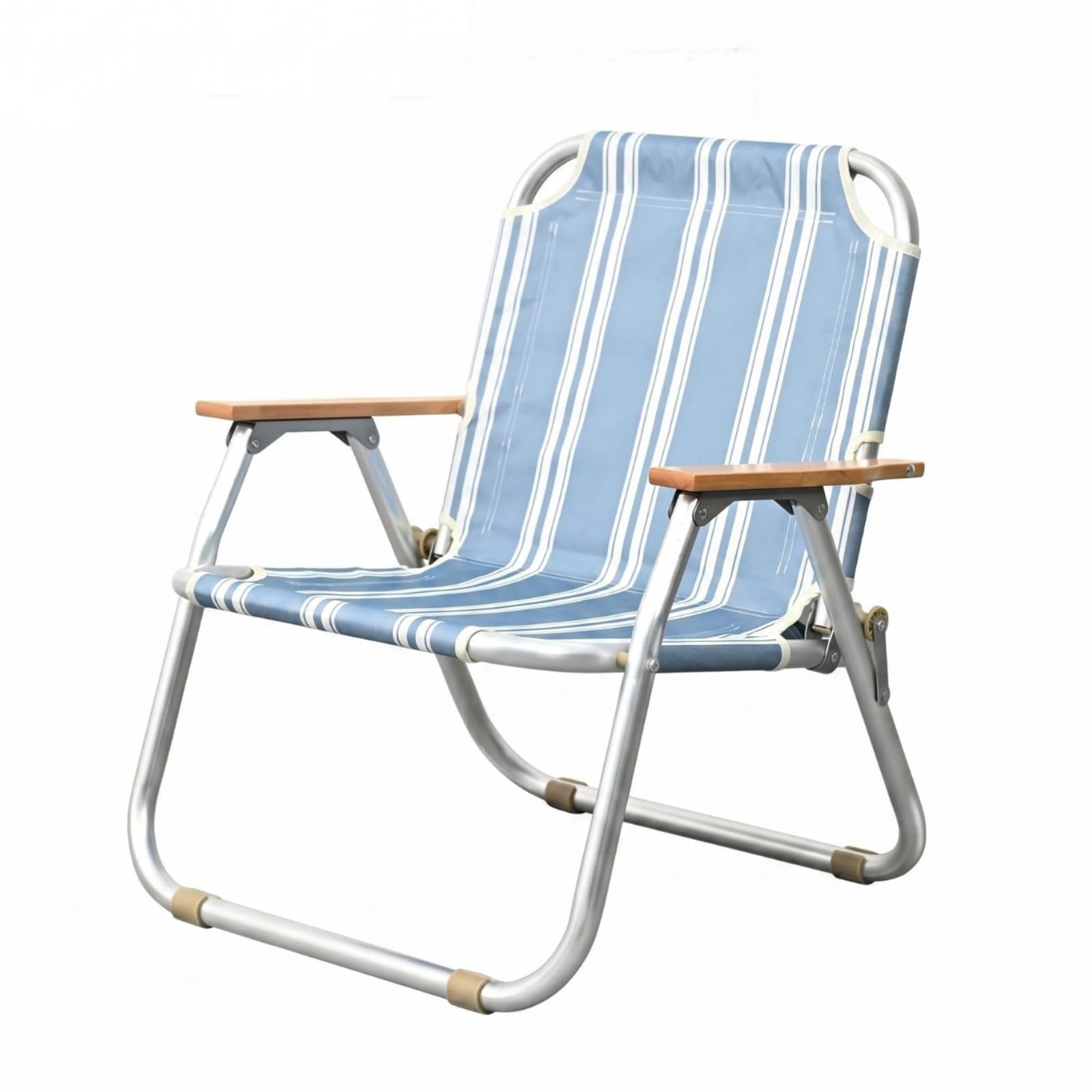 Aluminum Alloy Frame Folding Lounge Chair Wooden Armrests Lounge Camping Chair Curved Back Outdoor Furniture Textile Seat, Blue White Stripe, Standard-image-45