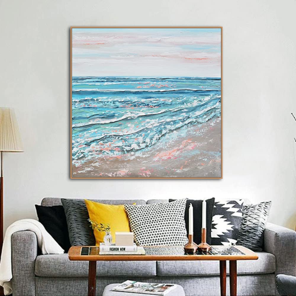 Mintura Kunstwerk, handbemalt, das blaue Meer und Strand, Wandkunst, Bild, Wohnzimmer, Heimdekoration, Hoteldekoration, Ölgemälde auf Leinwand (120 x 120 cm, ungerahmt)