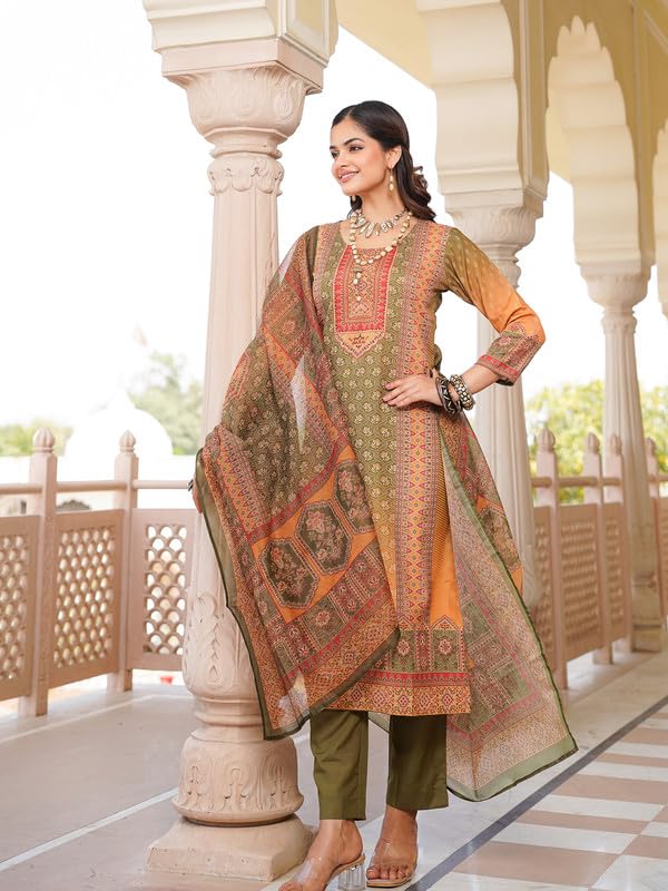 Image of Vaamsi Women's Olive Rayon Printed Straight Kurta Pants With Dupatta Set | Festive Straight Kurta Set For Women | Printed Salwar Suit For Women