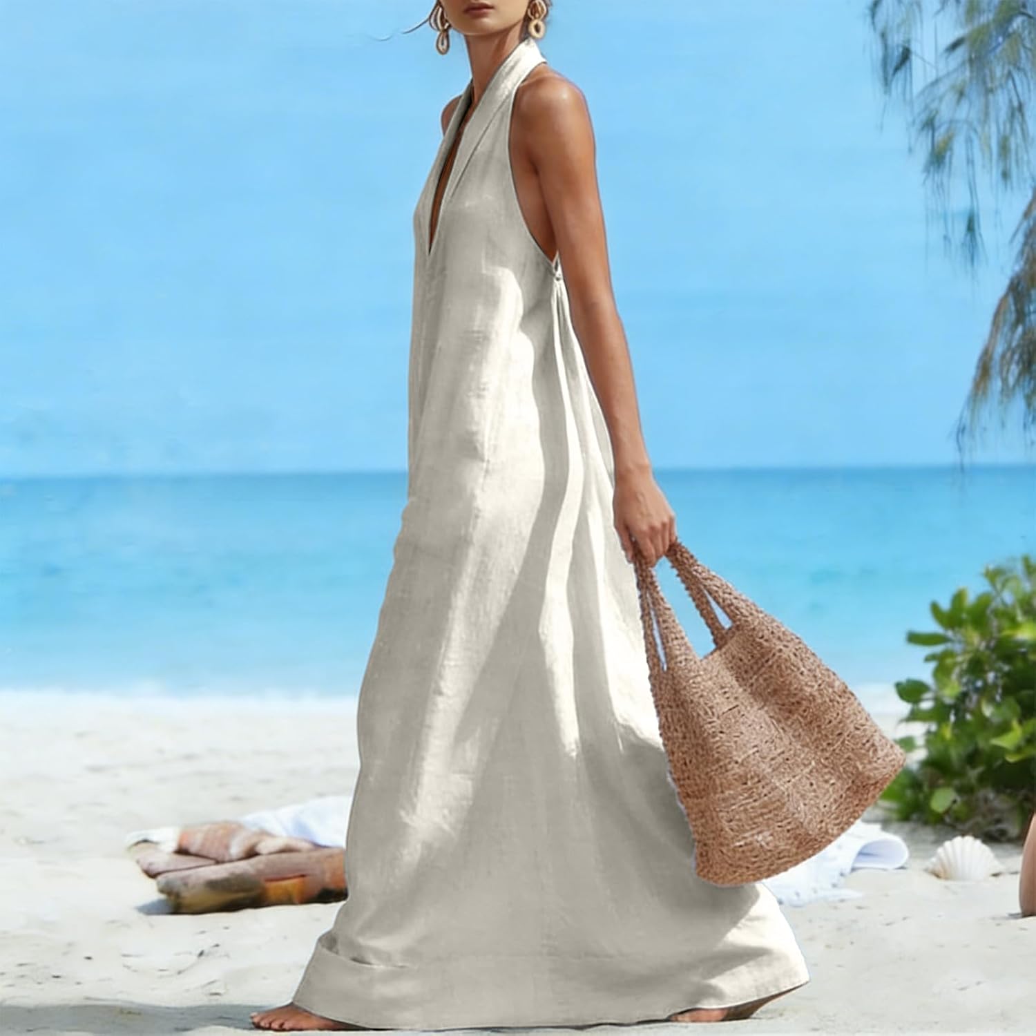 Linen Dress Women Sleeveless V Neck Halter Maxi Dresses Flowy Vacation Tank Dress Wedding Guest Going Out Sundress