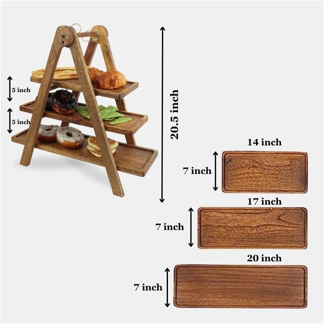 3 Tier Wooden Serving Tray Stand for Snacks Desserts Cheese Cupcakes Tiered Food Display Rack for Parties Weddings Housewarming Farmhouse Style 20.5 Inch