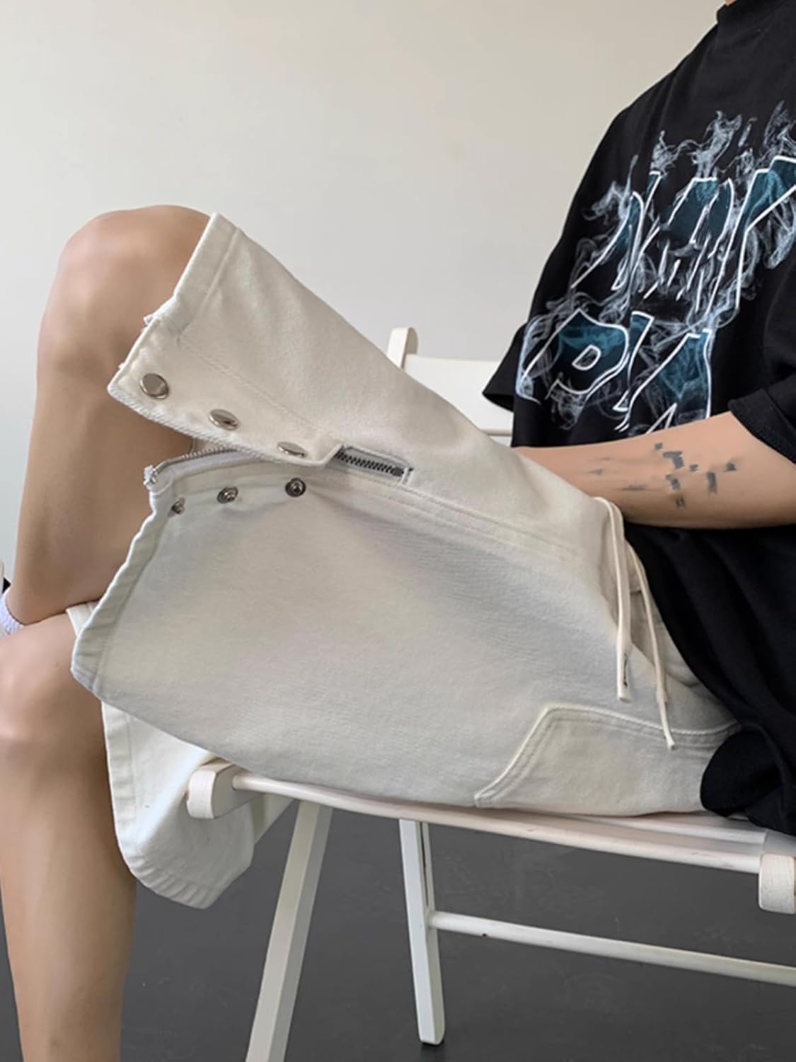 Men's Shorts Zipper Summer American Style High Street Loose Fit Shorts for Men-White-X-Large